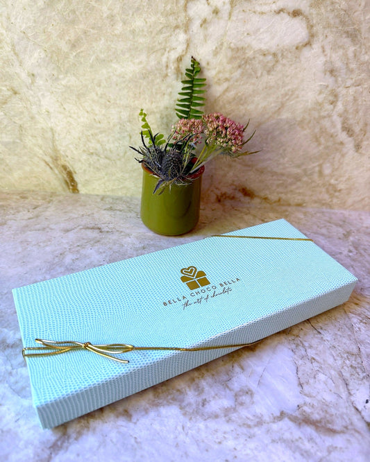 Limited-edition Tiffany Blue chocolate gift box with gold bow, Bella Choco Bella, Hoboken