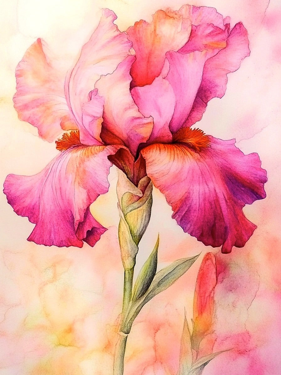 Handmade Greeting Card - Design 1 - Pink Watercolor Iris (3:4)