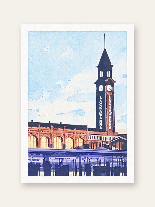 Hoboken Terminal greeting card, watercolor of the Lackawanna clock tower, Hoboken NJ